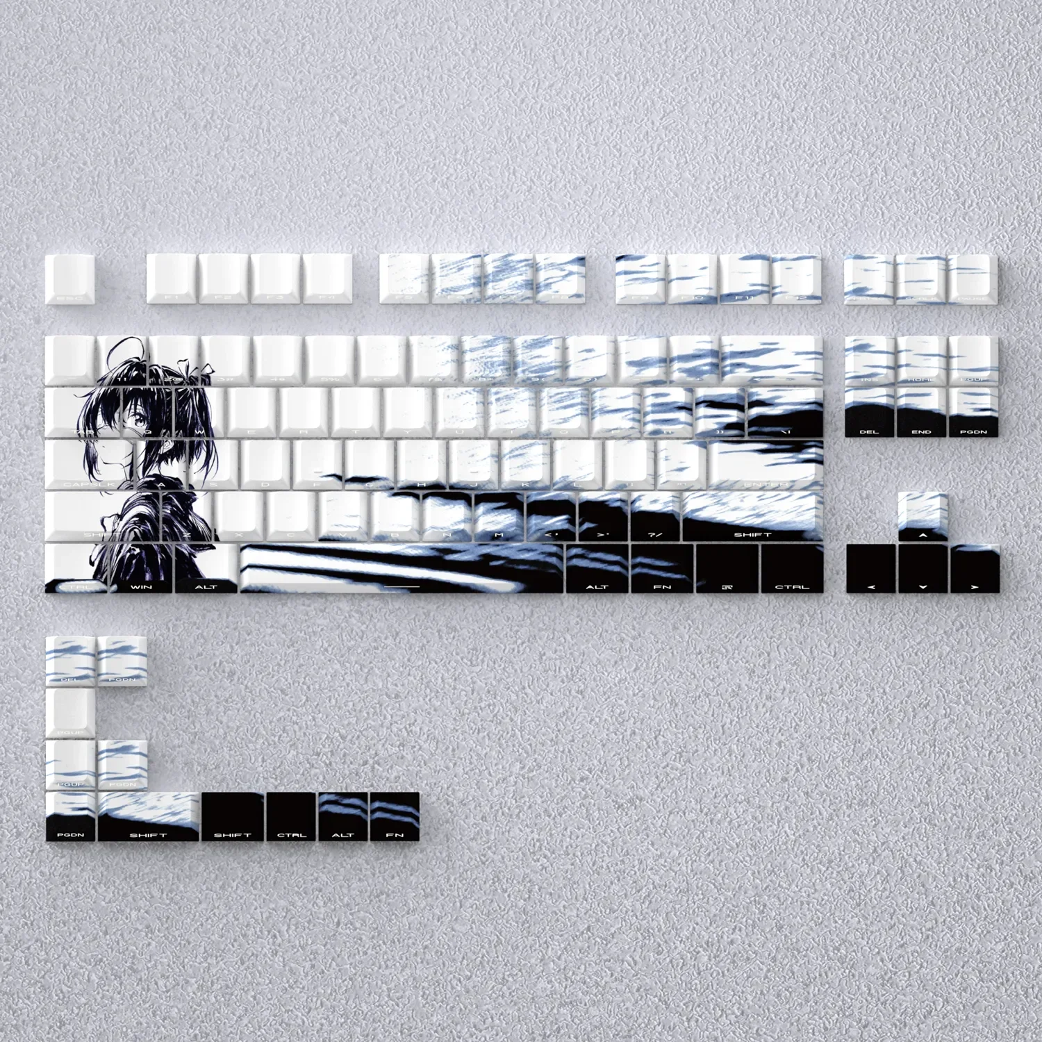 Vibrant Takanashi Rikka anime keycaps set glowing with signature purple and blue shine-through, showcasing the exclusive custom set.