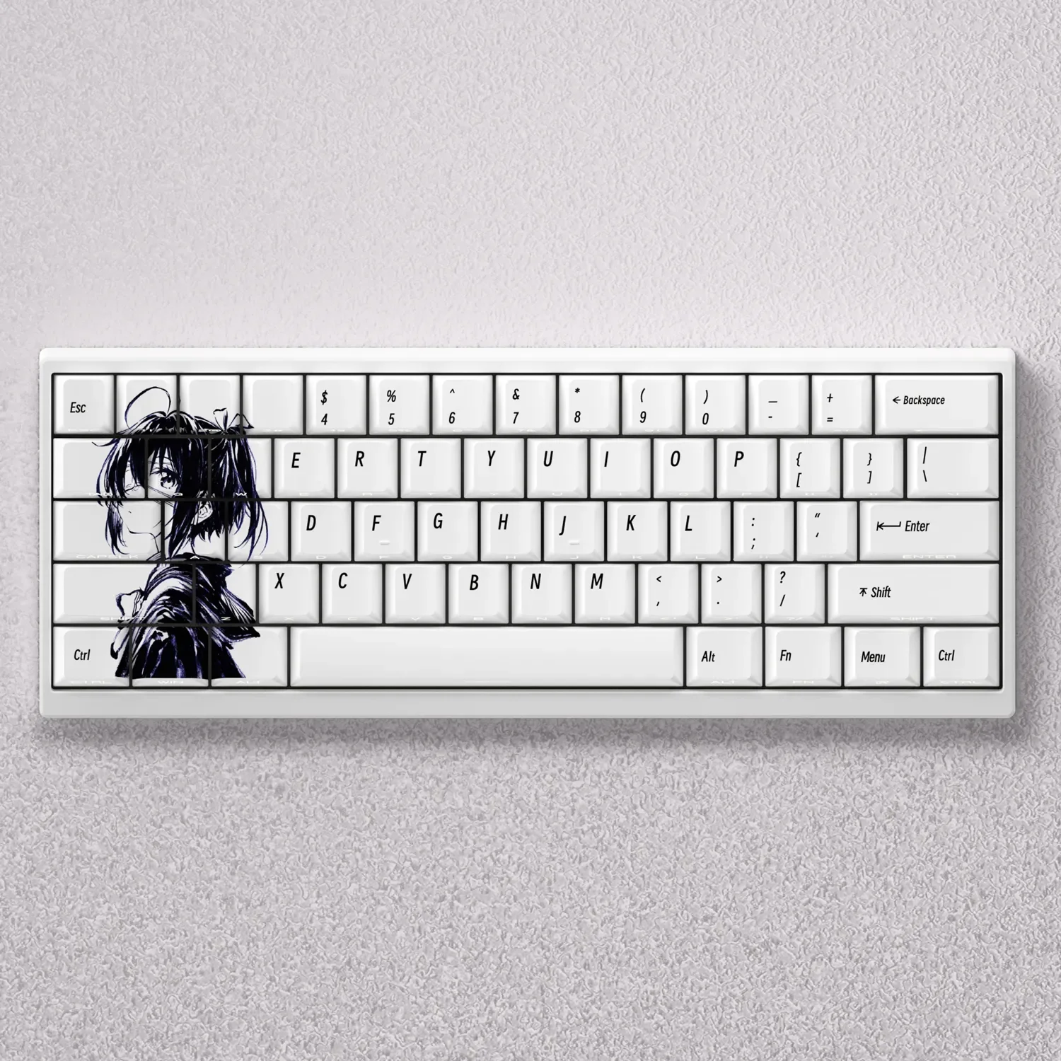 A playful gallery showcasing the exclusive Takanashi Rikka anime keycaps set custom set, highlighting vibrant character art, unique motifs.