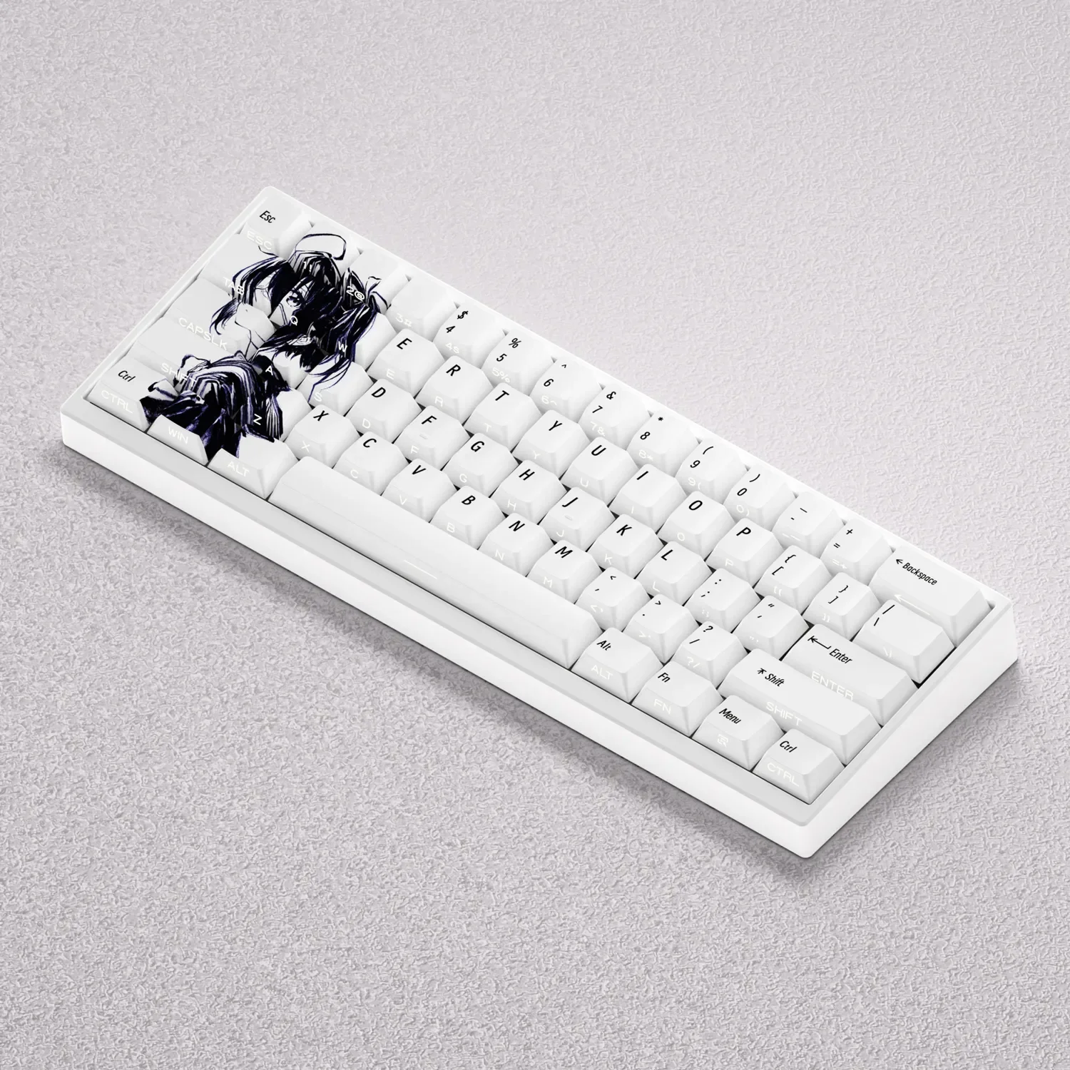 Multiple angles of Takanashi Rikka keycaps set, highlighting signature anime motifs, custom Cherry profile, and brilliant shine-through.