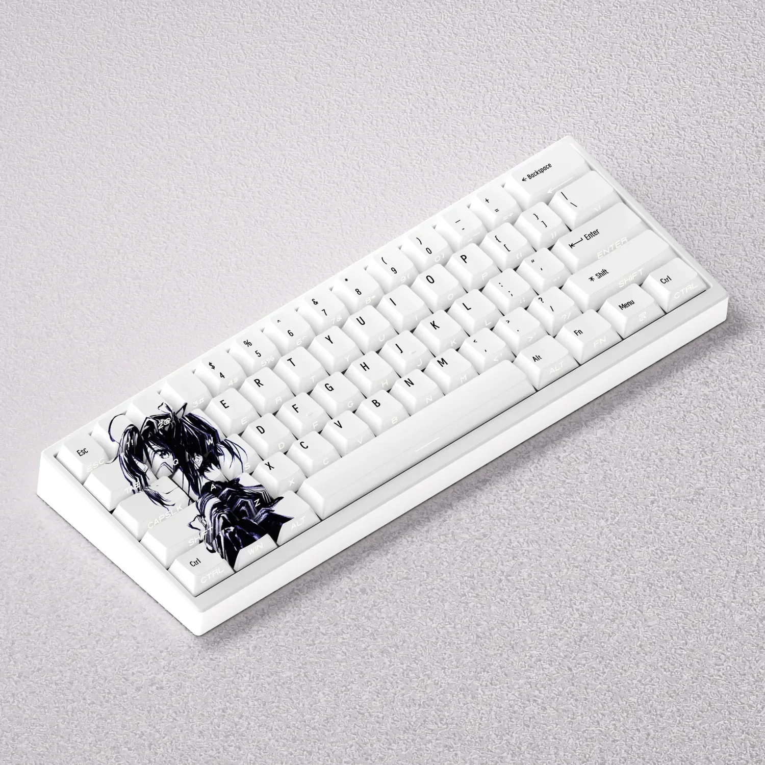 A collection of Takanashi Rikka anime keycaps set showcasing their vibrant colors, signature motifs, and shine-through features from various angles.