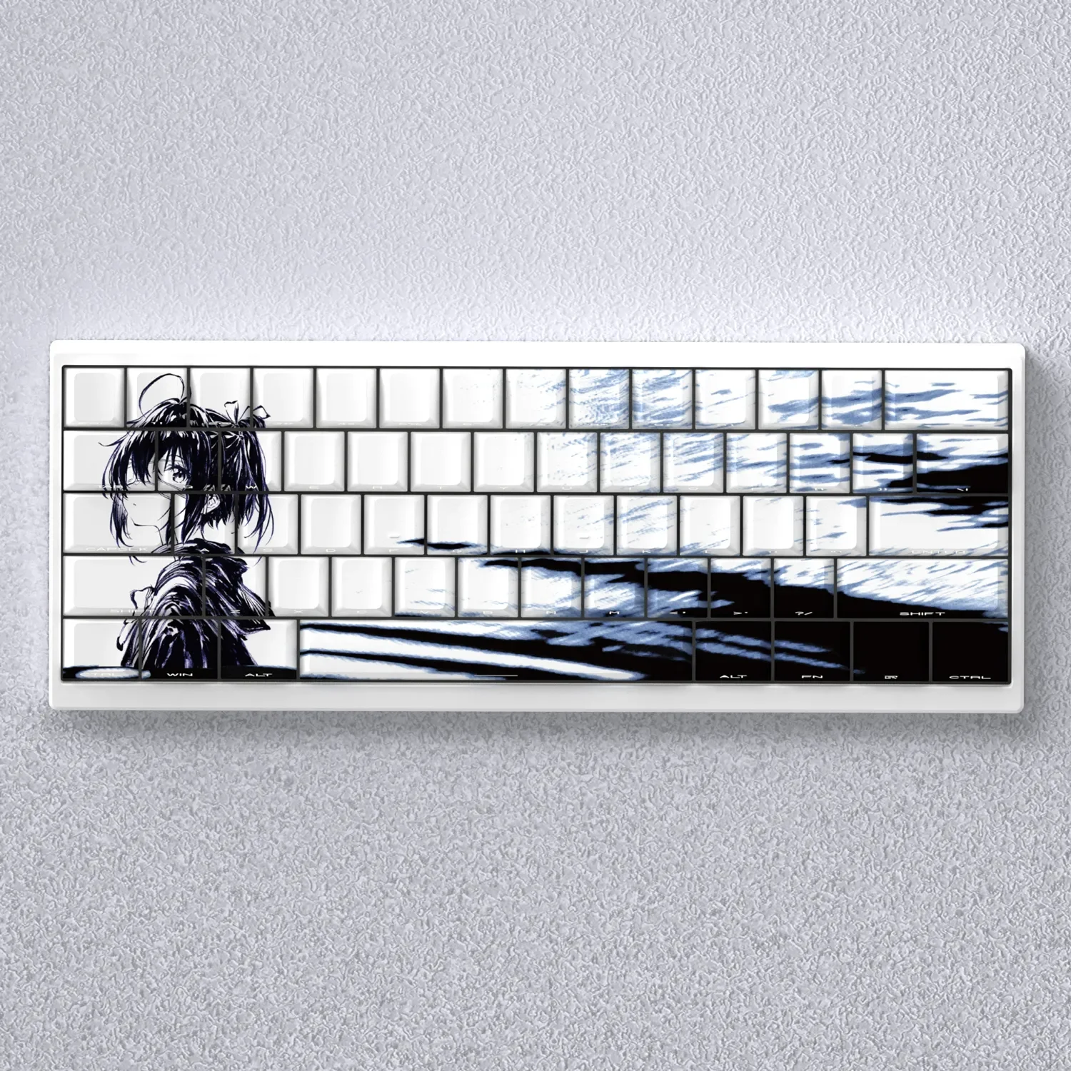 A vibrant gallery showcasing the exclusive Takanashi Rikka keycaps set. Each shine-through Cherry profile keycap features playful anime art.