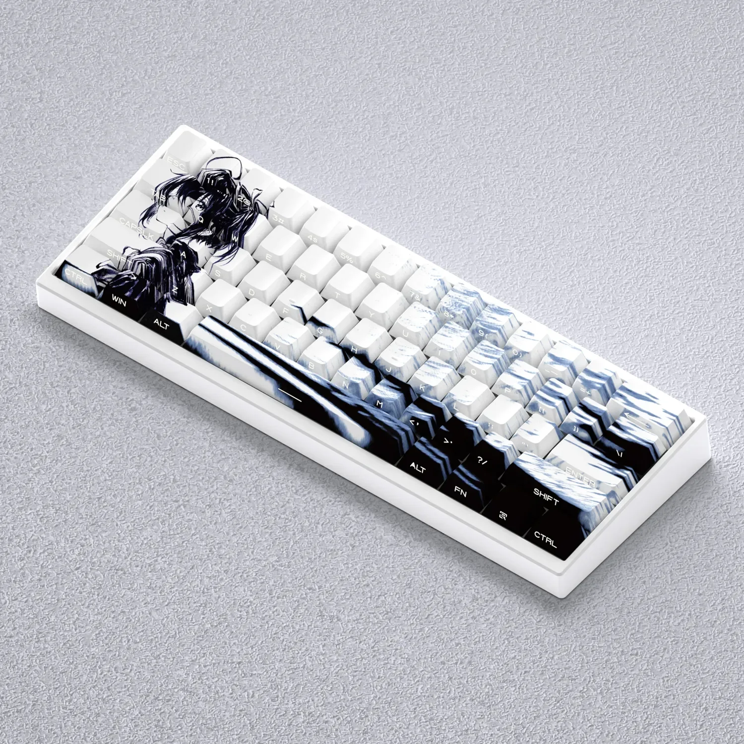 A product gallery showcasing the exclusive Takanashi Rikka anime theme keycaps set. See vibrant custom Cherry shine-through designs from various angles.