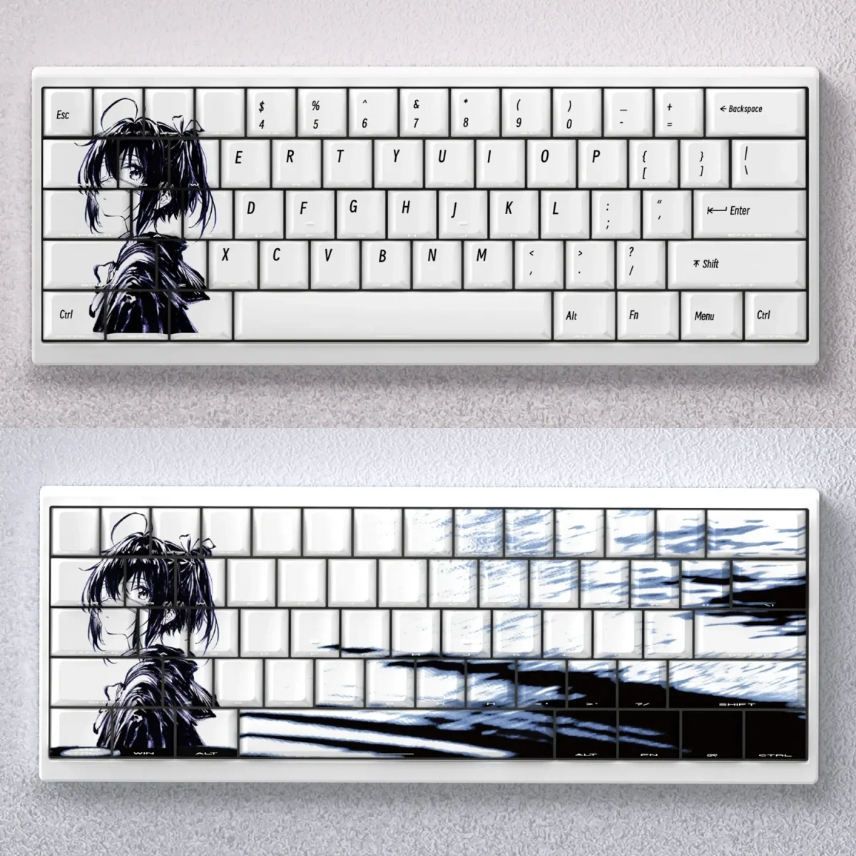 Vibrant Takanashi Rikka anime theme keycaps set, an exclusive shine-through custom set featuring her iconic colors and playful aesthetic.