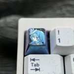 Shore Guardian Titanium Anime Keycap, a premium artisan ESC key for mechanical keyboards, featuring an intricate, vibrant colored titanium alloy.
