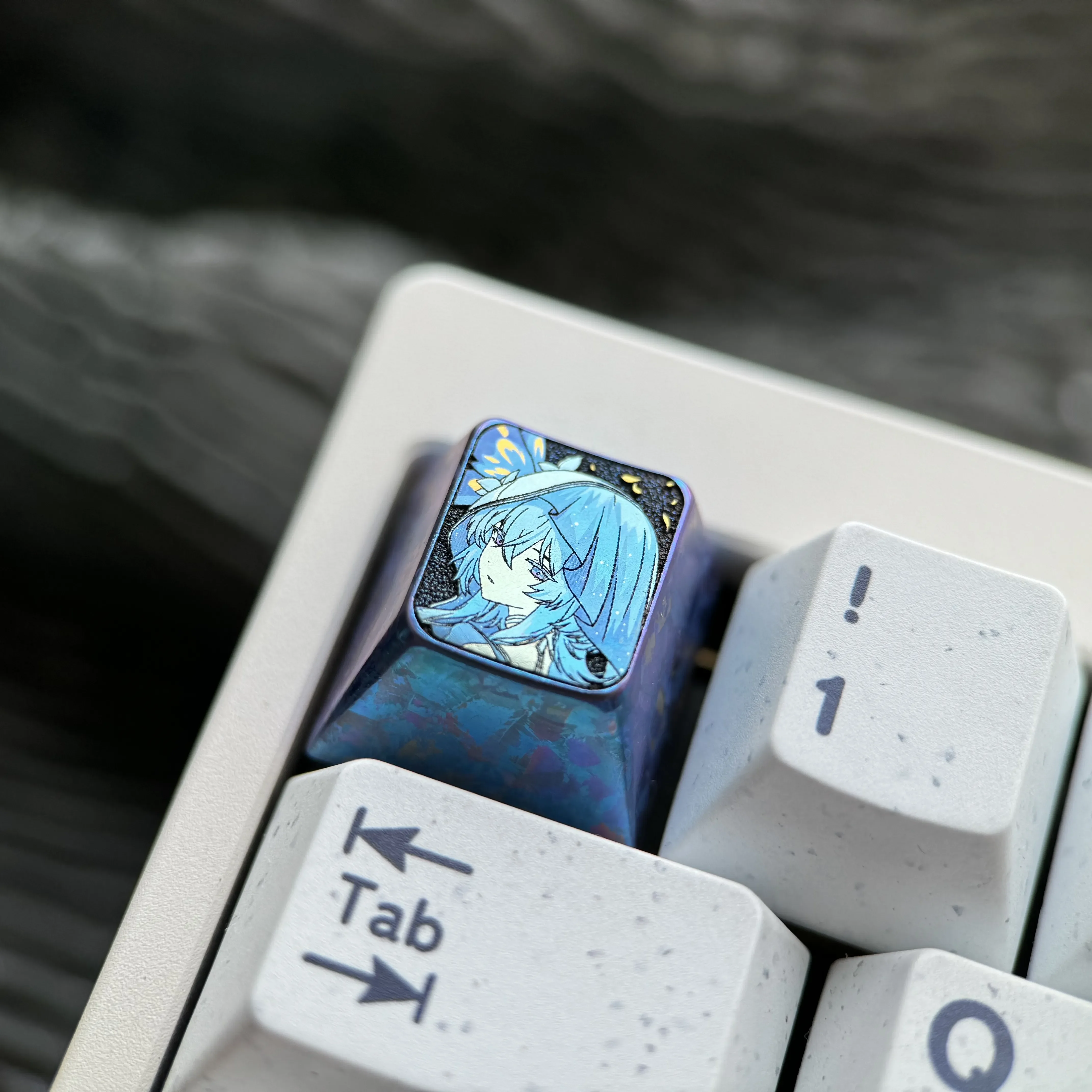 Imaginative The Shorekeeper Titanium Keycap, an artisan masterpiece for custom mechanical keyboards, crafted from premium, vibrant titanium setup.