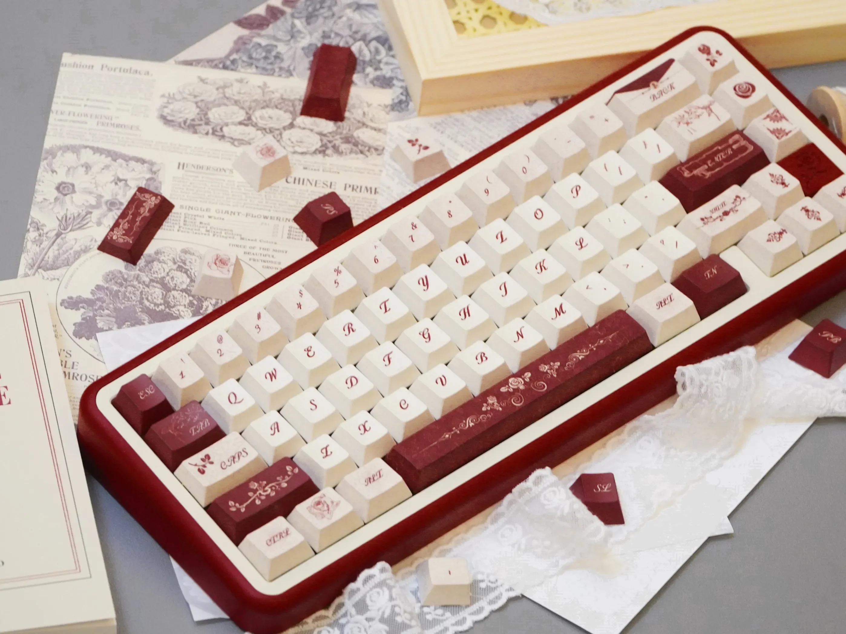 Timeless Elegance PBT Keycap Set. Durable PBT keycaps, 131-key OEM profile. Calligraphy motifs, serene and refined artistic.