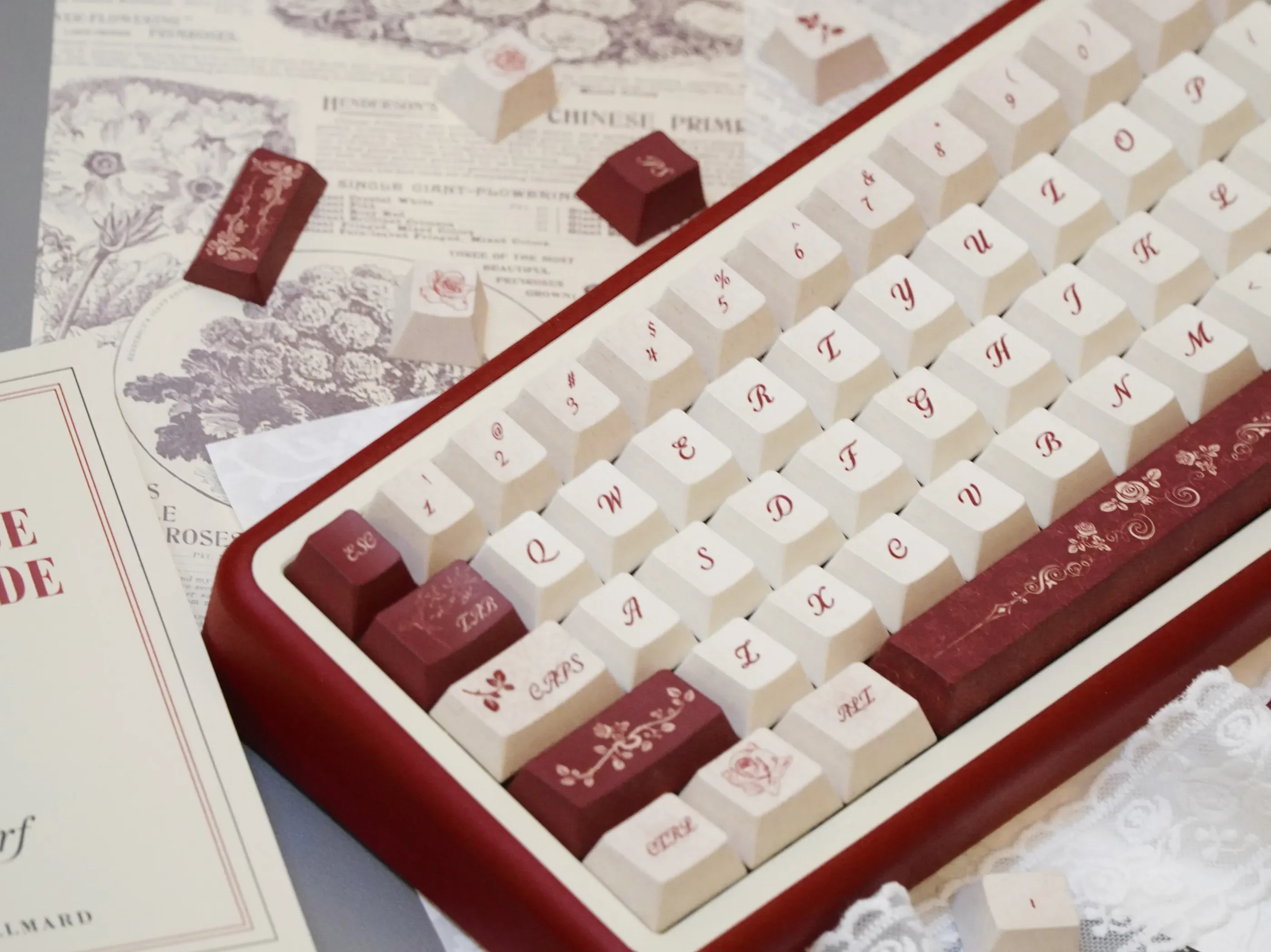 Timeless Elegance PBT Keycap Set, a durable 131-key OEM profile. Showcasing refined classical Chinese calligraphy and serene scholarly motifs.