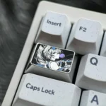 Multiple angles of the Silver Wolf precision-engraved titanium anime keycap, highlighting its intricate metallic art and collector-grade detail.