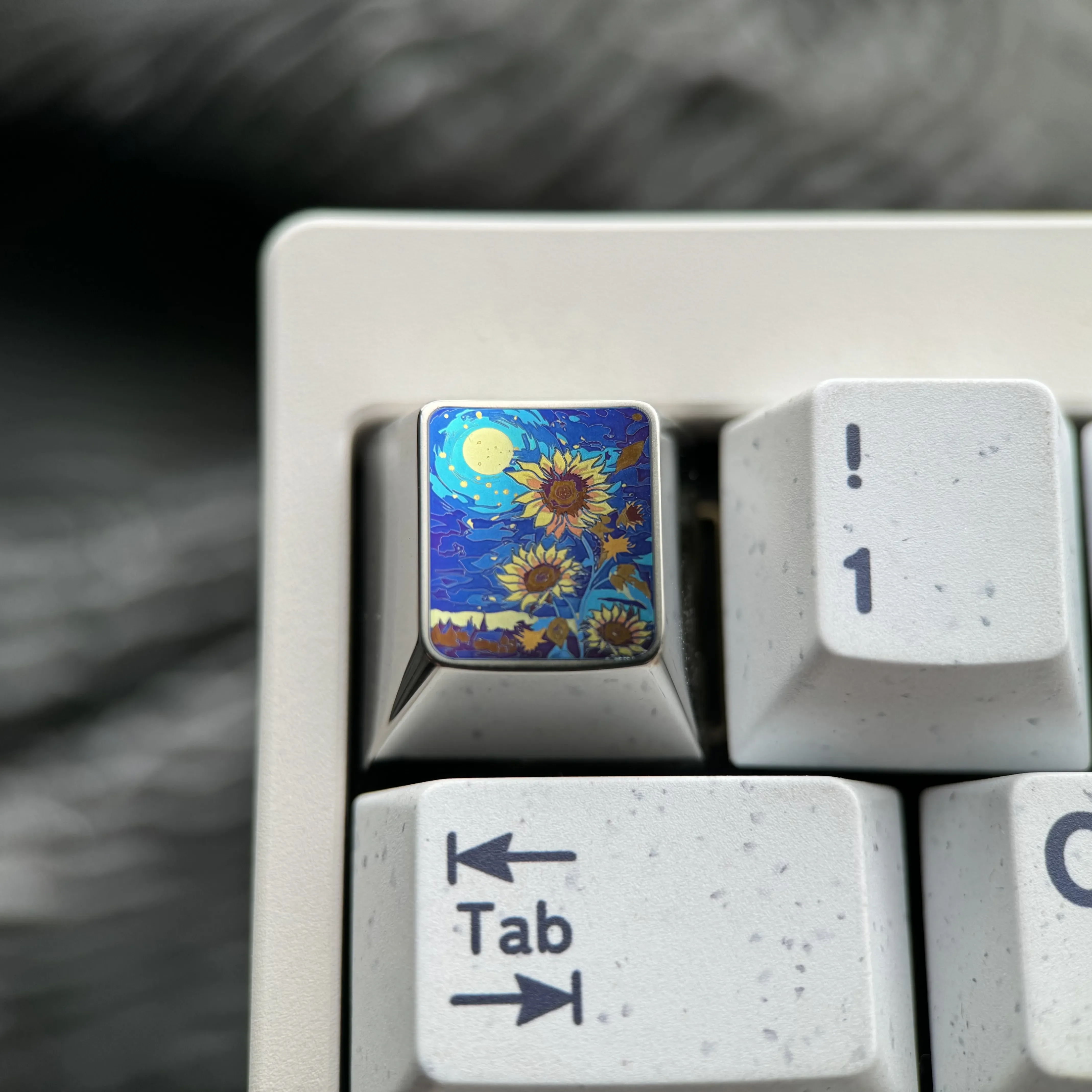 Vibrant handcrafted titanium sunflower ESC keycap for mechanical keyboards, featuring lustrous anime-inspired artisan detail.