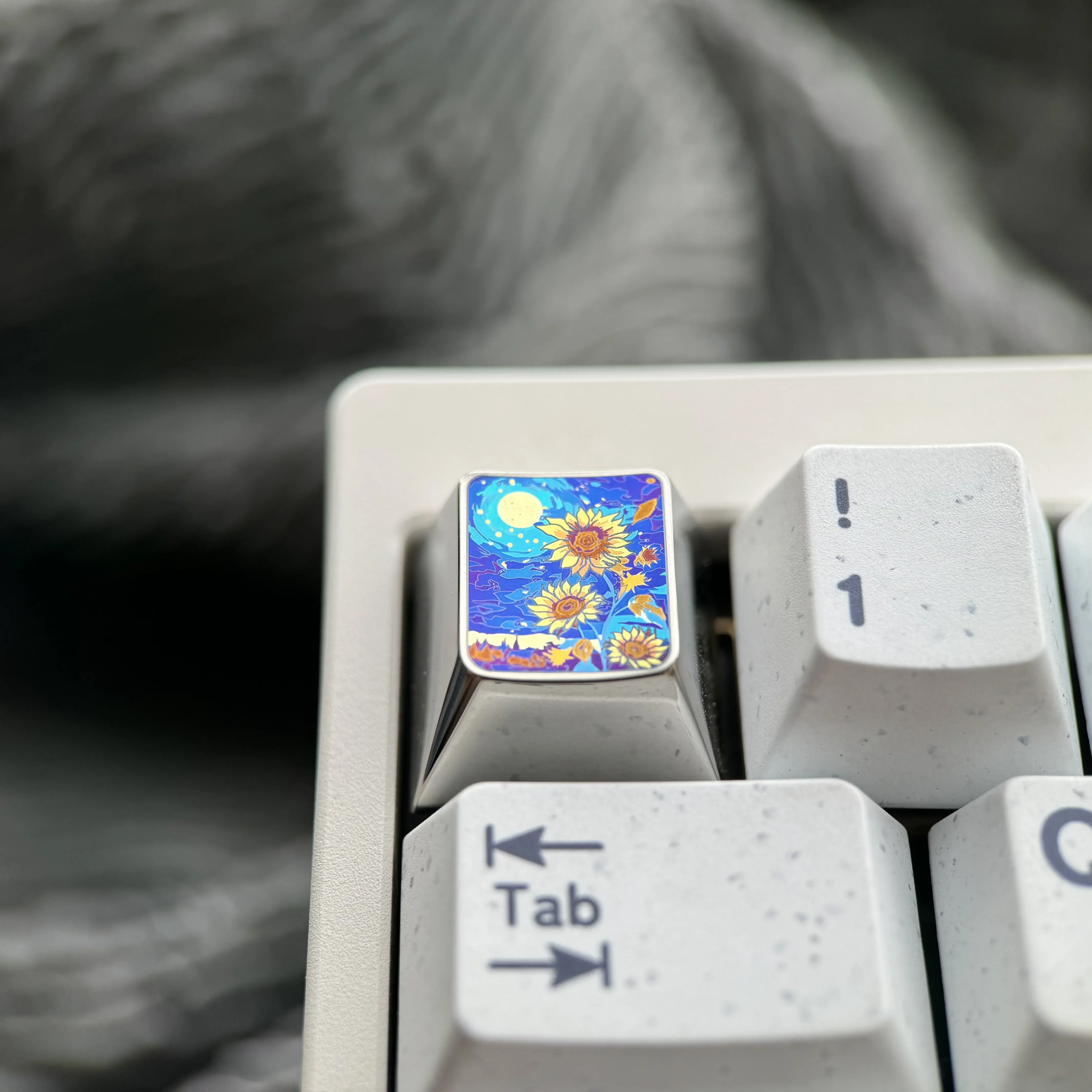 Gallery showing multiple angles of the handcrafted titanium sunflower ESC keycap, highlighting its vibrant anime-inspired design and artisan keycap.