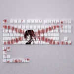 Exclusive Tokisaki Kurumi keycaps set, artfully displayed, highlight the vibrant anime character design and gothic red and black aesthetic.
