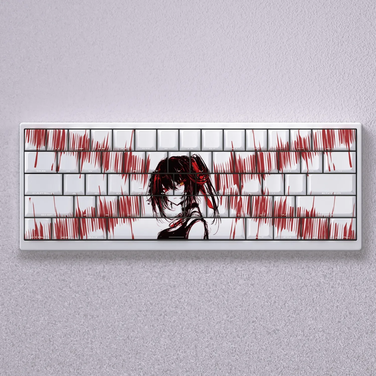 A gallery of Tokisaki Kurumi keycaps set, revealing the exclusive character art and dark elegance of this vibrant red and black PBT anime set.