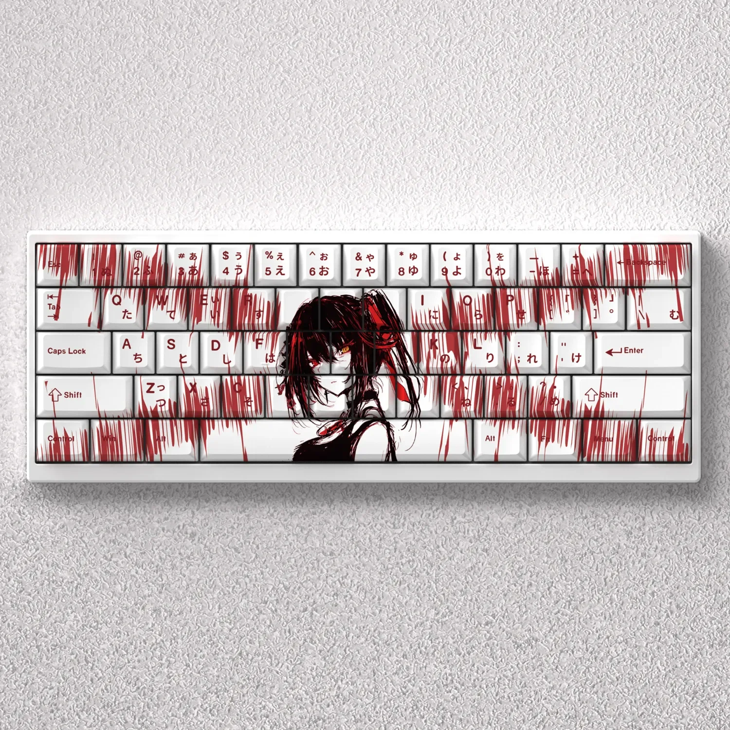 Exclusive Tokisaki Kurumi keycaps set: dark elegance anime design with striking red and black PBT for a unique keyboard aesthetic.