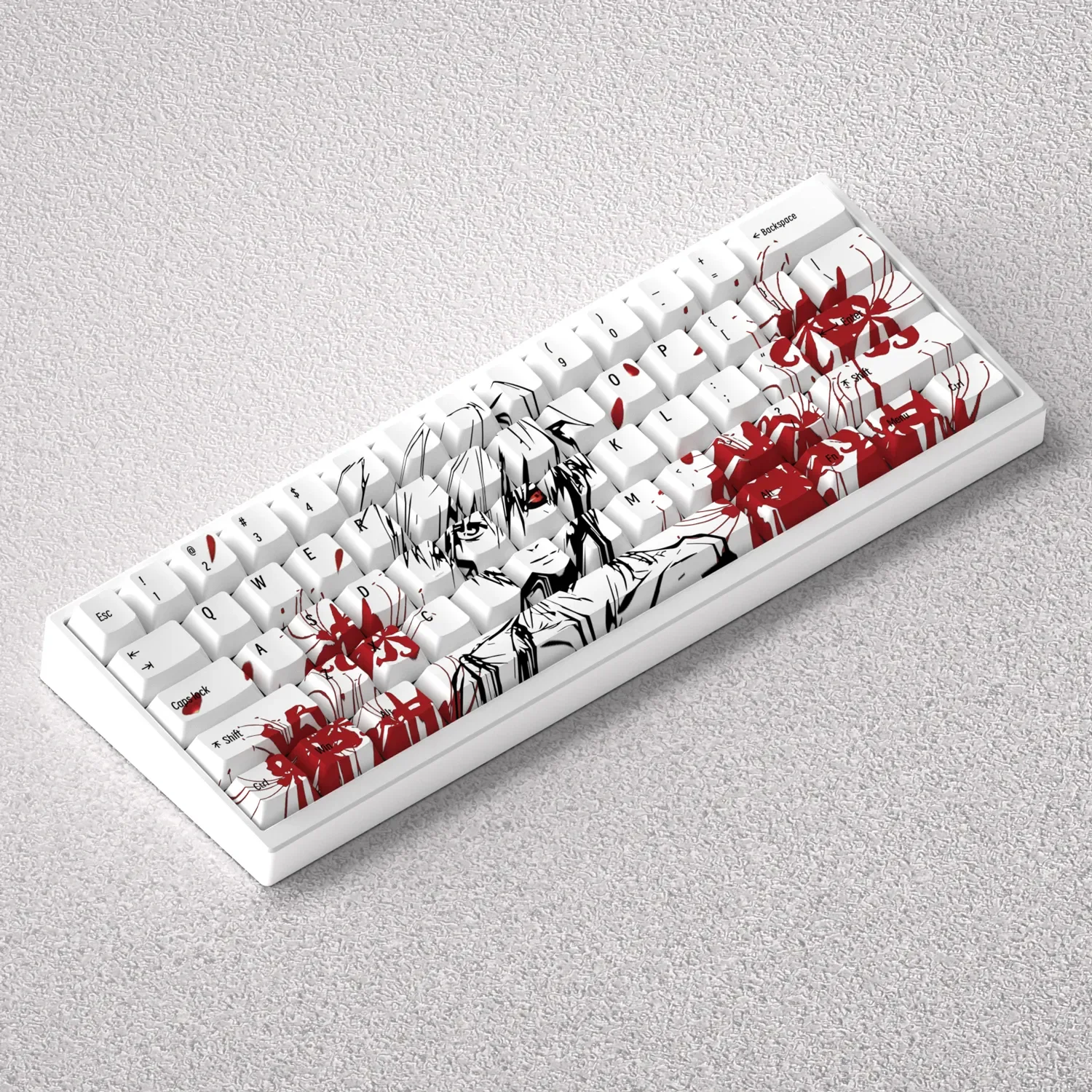 Tokyo Ghoul Ken Kaneki PBT artisan keycap set collection. Multiple views highlight the iconic characters dark, edgy spirit and premium craftsmanship.