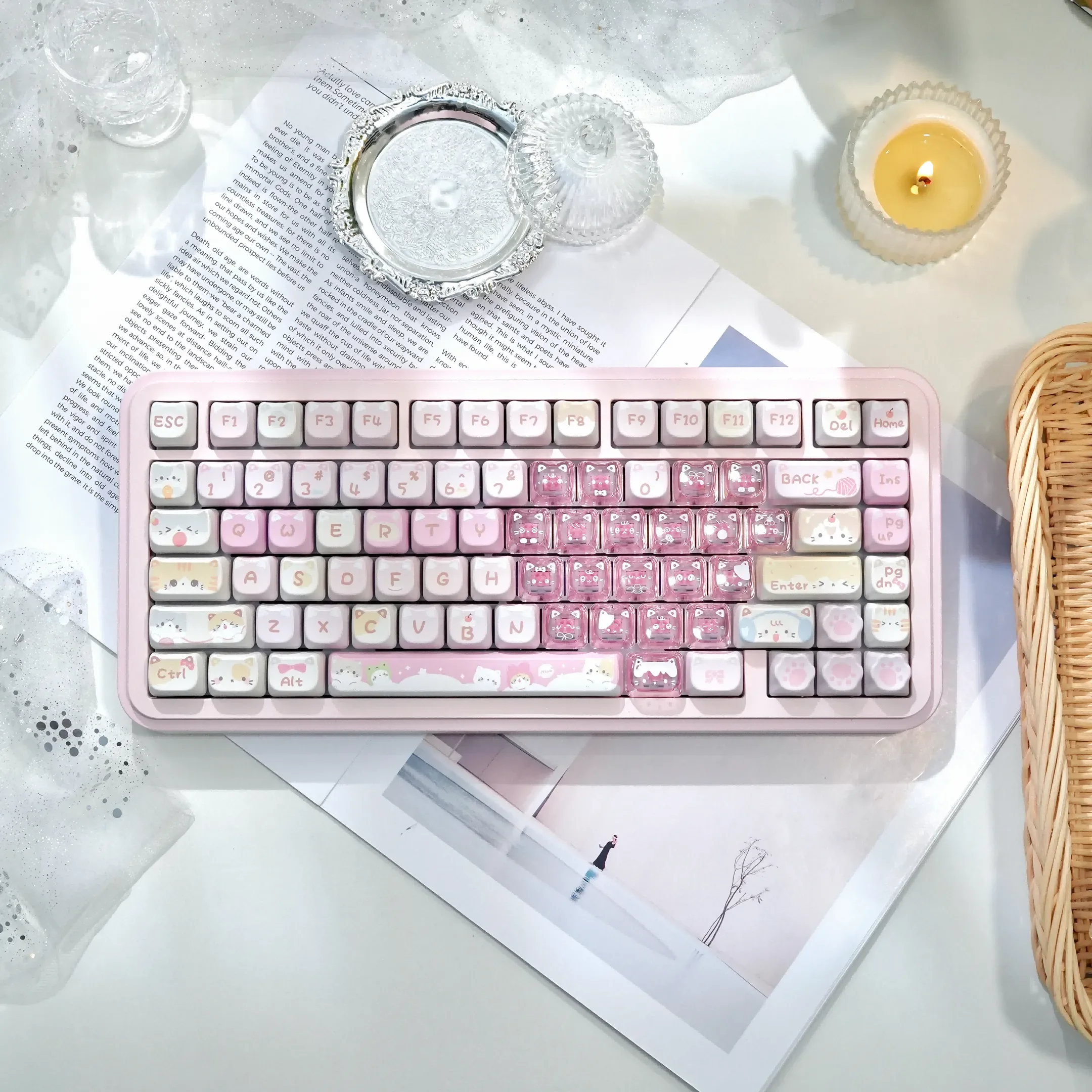 Dynamic views of the playful pink transparent heart keycaps set, showcasing the adorable MAO cat theme and customizable desktop charm from various deisgn.