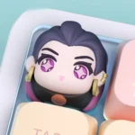 Exquisite handcrafted Valorant Reyna artisan keycap from various angles, highlighting its dark elegant aesthetic and intricate 3D resin twilight design.