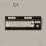 Artistic gallery: C1 Vintage Cassette Keycaps Set, showcasing premium PBT dye-sub craftsmanship, warm coffee brown hues, and retro audio aesthetic.