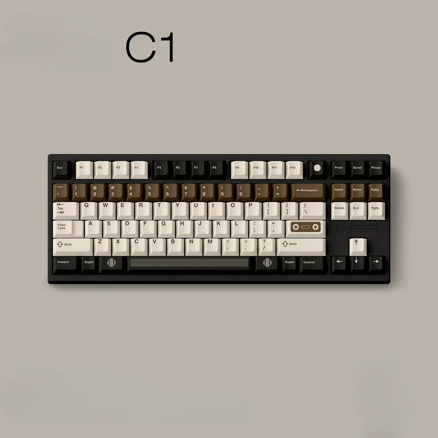 Artistic gallery: C1 Vintage Cassette Keycaps Set, showcasing premium PBT dye-sub craftsmanship, warm coffee brown hues, and retro audio aesthetic.