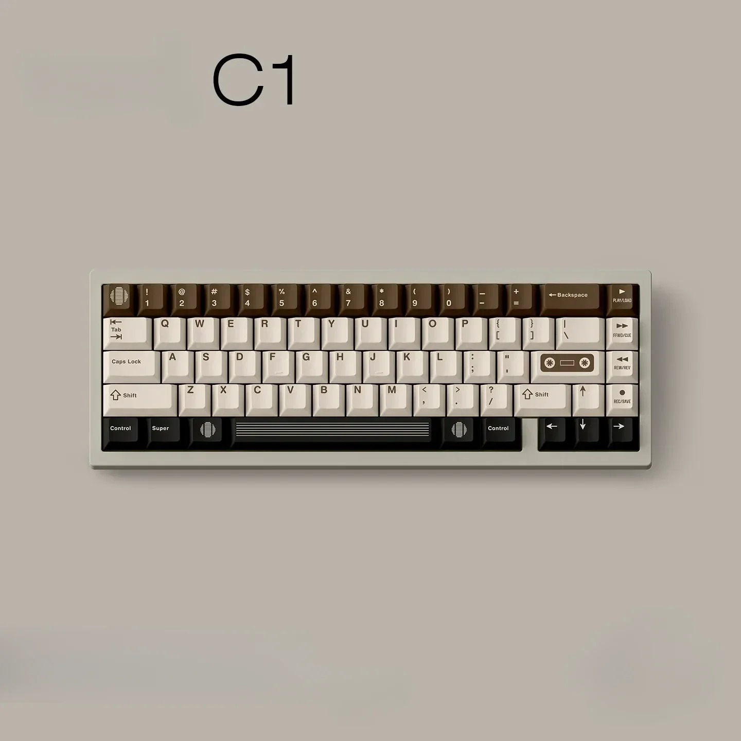 C1 Vintage Cassette Keycaps Set gallery. Warm coffee brown, premium PBT dye-sub, and retro audio design showcased artistically.