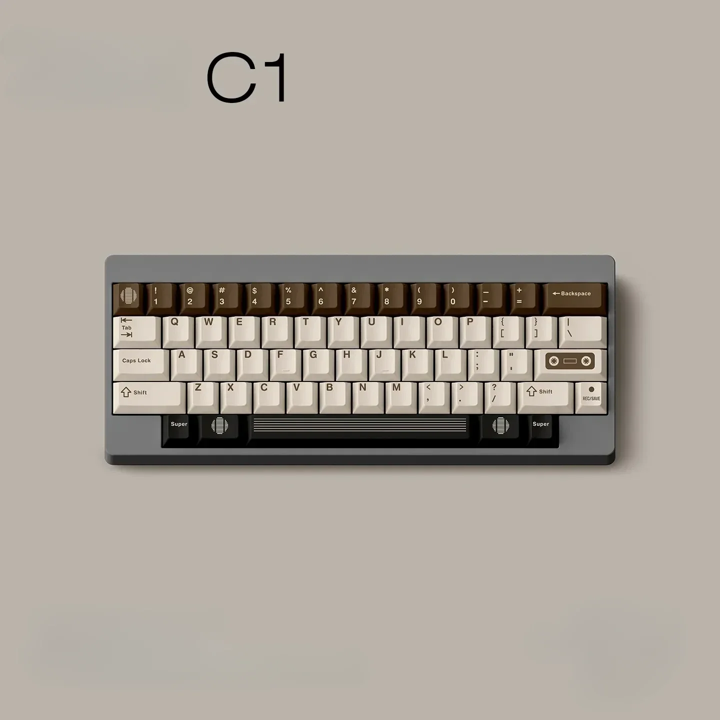 Vintage Cassette Keycaps Set by C1, a premium PBT dye-sub set. Warm coffee brown tones evoke retro audio aesthetic for custom keyboards.
