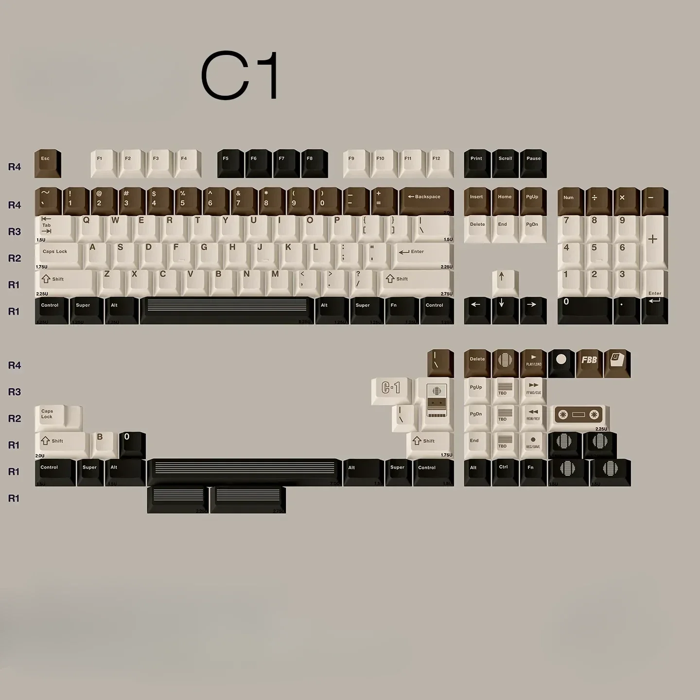 Warm coffee brown Vintage Cassette Keycaps Set, a premium PBT dye-sub set. Features an artistic retro audio design, perfect for custom mechanical keyboard.