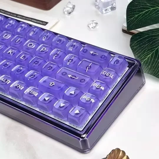 Violet Amber Keyboard gallery, showcasing mystical three-layer amber craft keycaps. Translucent deep violet meets warm amber for a stylish workspace.