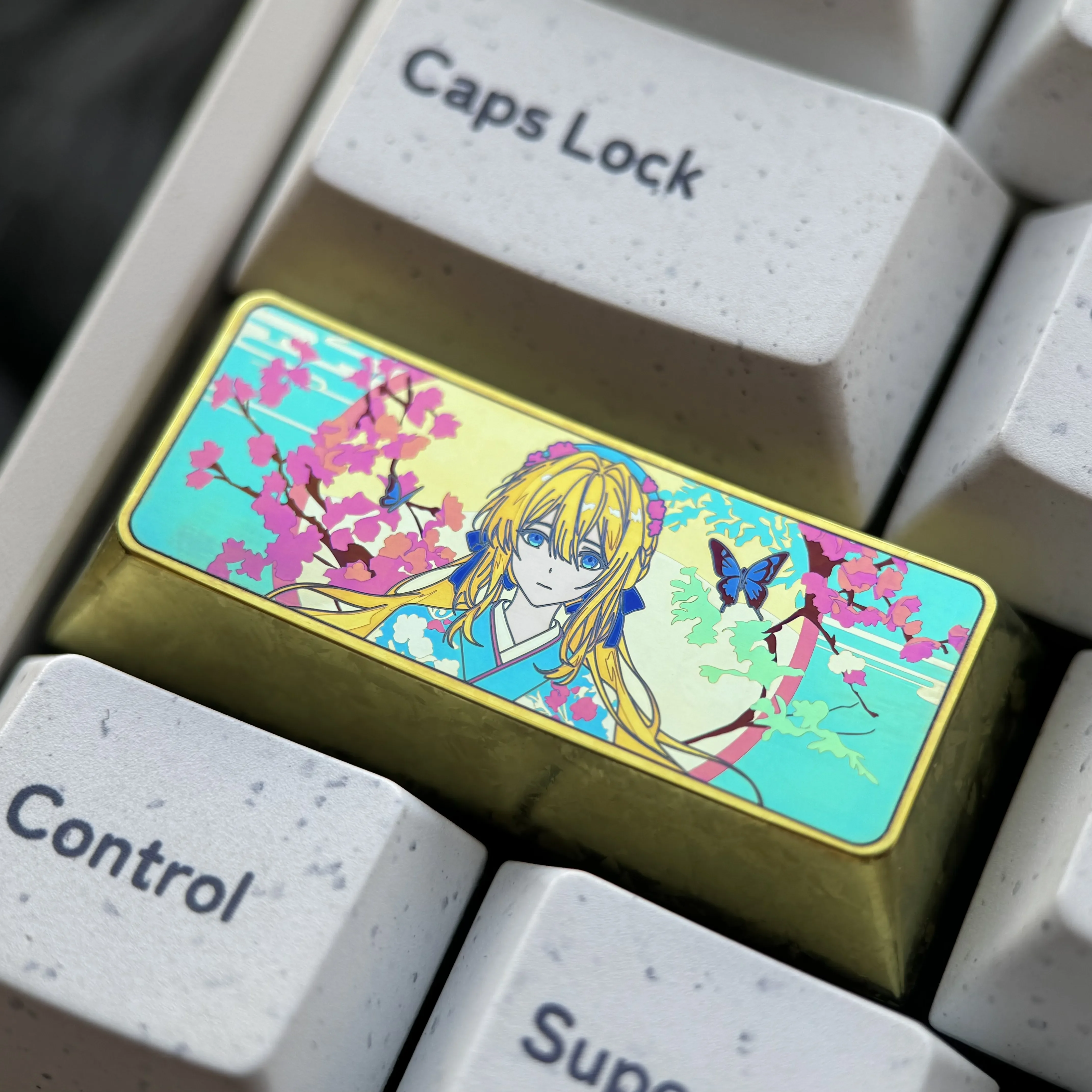 Violet Evergarden Keycap, a handcrafted titanium alloy custom Enter keycap, exquisitely showcasing elegant anime art with a vibrant metallic finish.