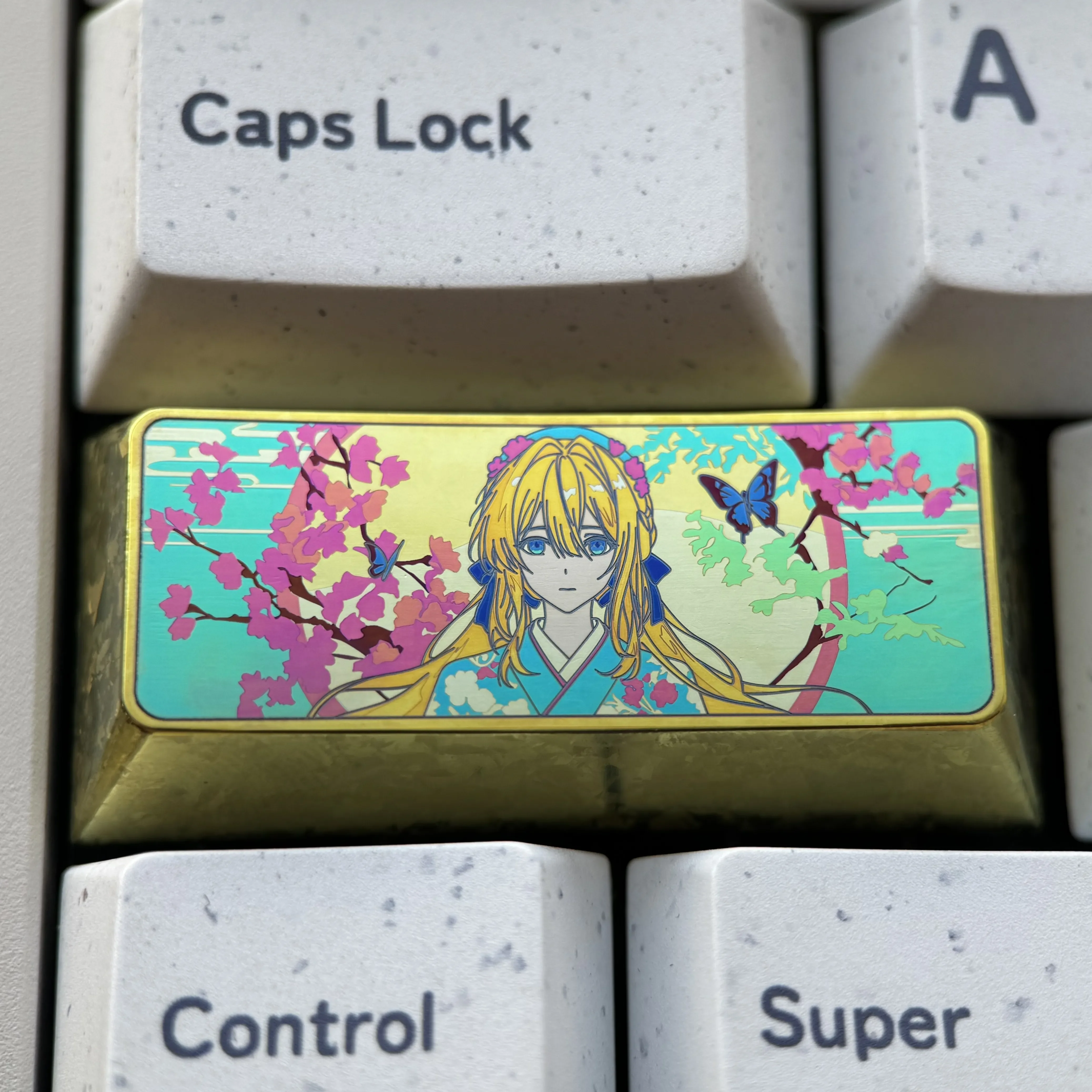 Violet Evergarden keycap art gallery, featuring the exquisite handcrafted titanium alloy design with vibrant anime motifs beautifully displayed.