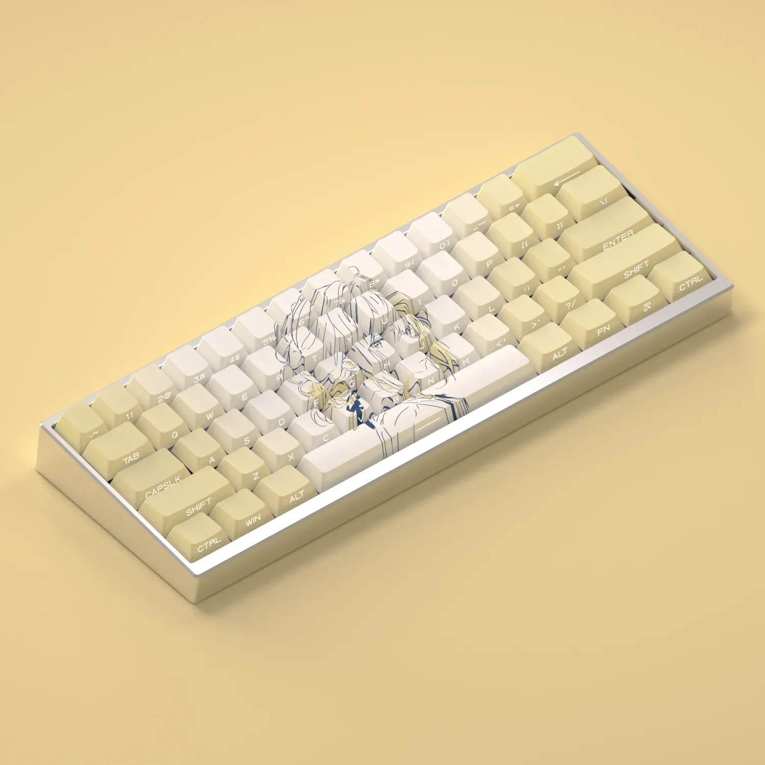 Violet Evergarden Keycaps Set gallery showcasing the exclusive side-lit set from multiple angles, highlighting its elegant aesthetics and serene color.