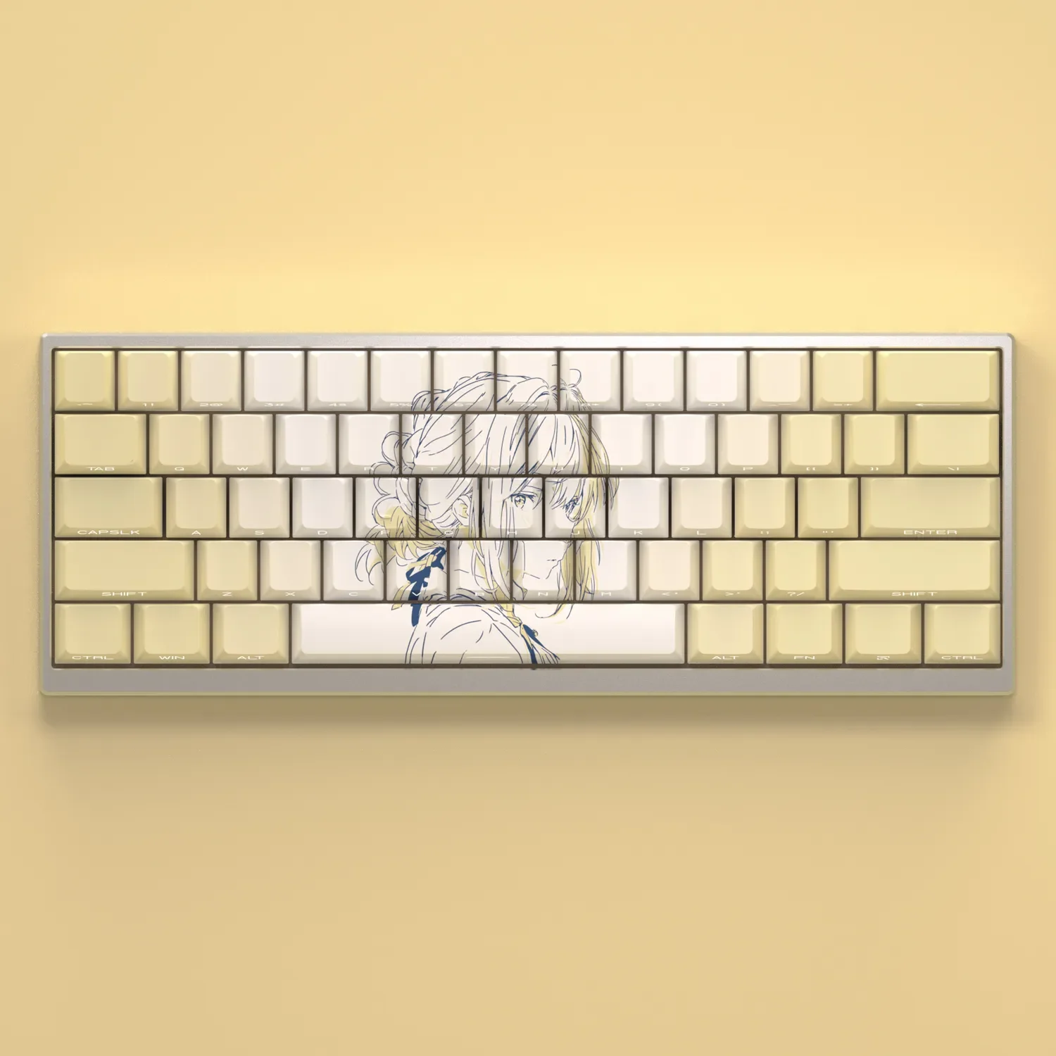 Elegant Violet Evergarden Keycaps Set for mechanical keyboards, showcasing exclusive side-lit translucent legends and a serene, artistic color palette.
