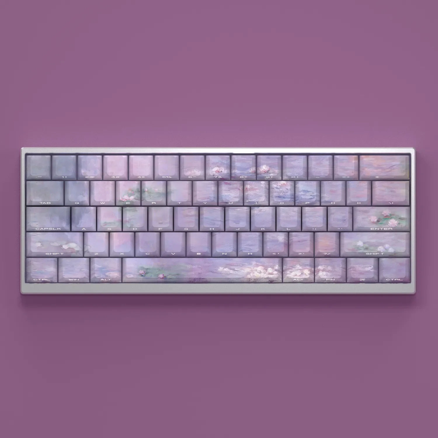 Water Lily Keycaps Set showcasing exquisite water lily art on side-lit Cherry profile keys, creating a tranquil, backlit glow for mechanical keyboards.