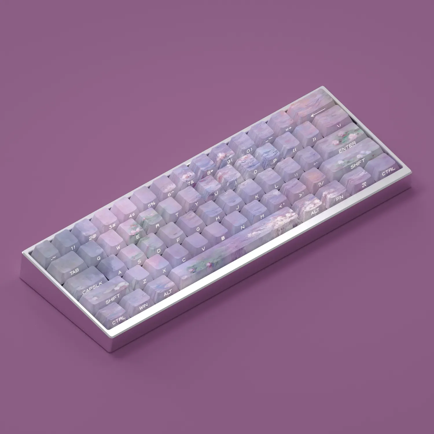 Water Lily Keycaps set in a gallery view, revealing side-lit Cherry profile, tranquil water lily art, and soft backlit legends.