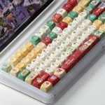 Whimsical Christmas Keycaps Set showcasing festive PBT Dye-Sub MOA profile keycaps with vibrant characters and symbols for a cozy keyboard setup.