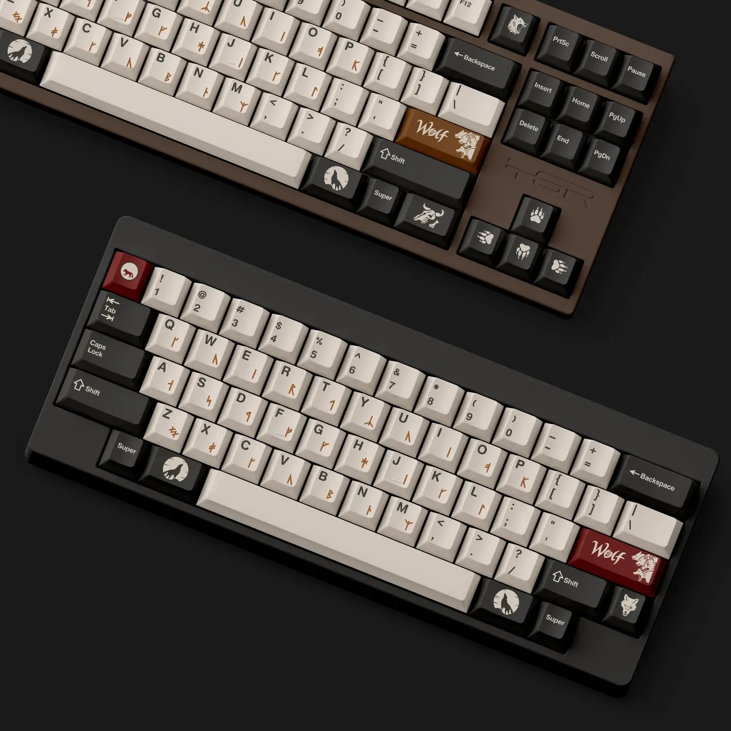 Detailed Wolf Keycap Set showcasing its exclusive PBT dye-sub thick design with fierce, vibrant wolf imagery, embodying an untamed design.