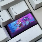 An exquisite Yae Miko titanium alloy keycap, showcasing vibrant Genshin Impact anime art with intricate details on its polished surface.