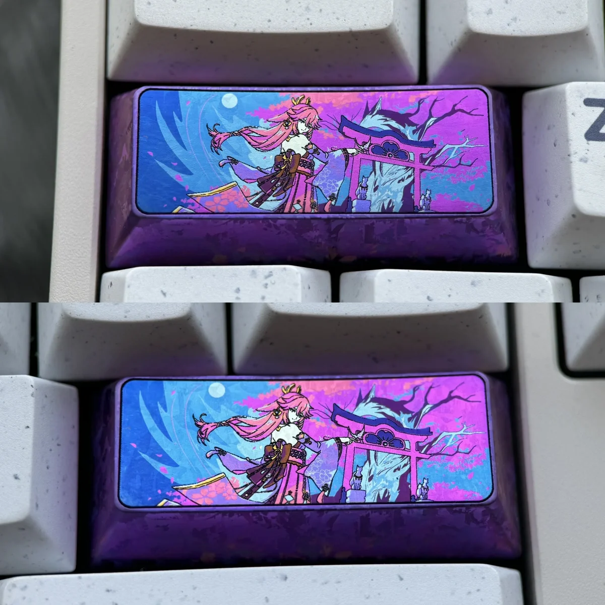 Exquisite Yae Miko Titanium Alloy 2.25U Enter Keycap, showcasing vibrant character art and intricate anime aesthetics on polished metal for Genshin Impact.