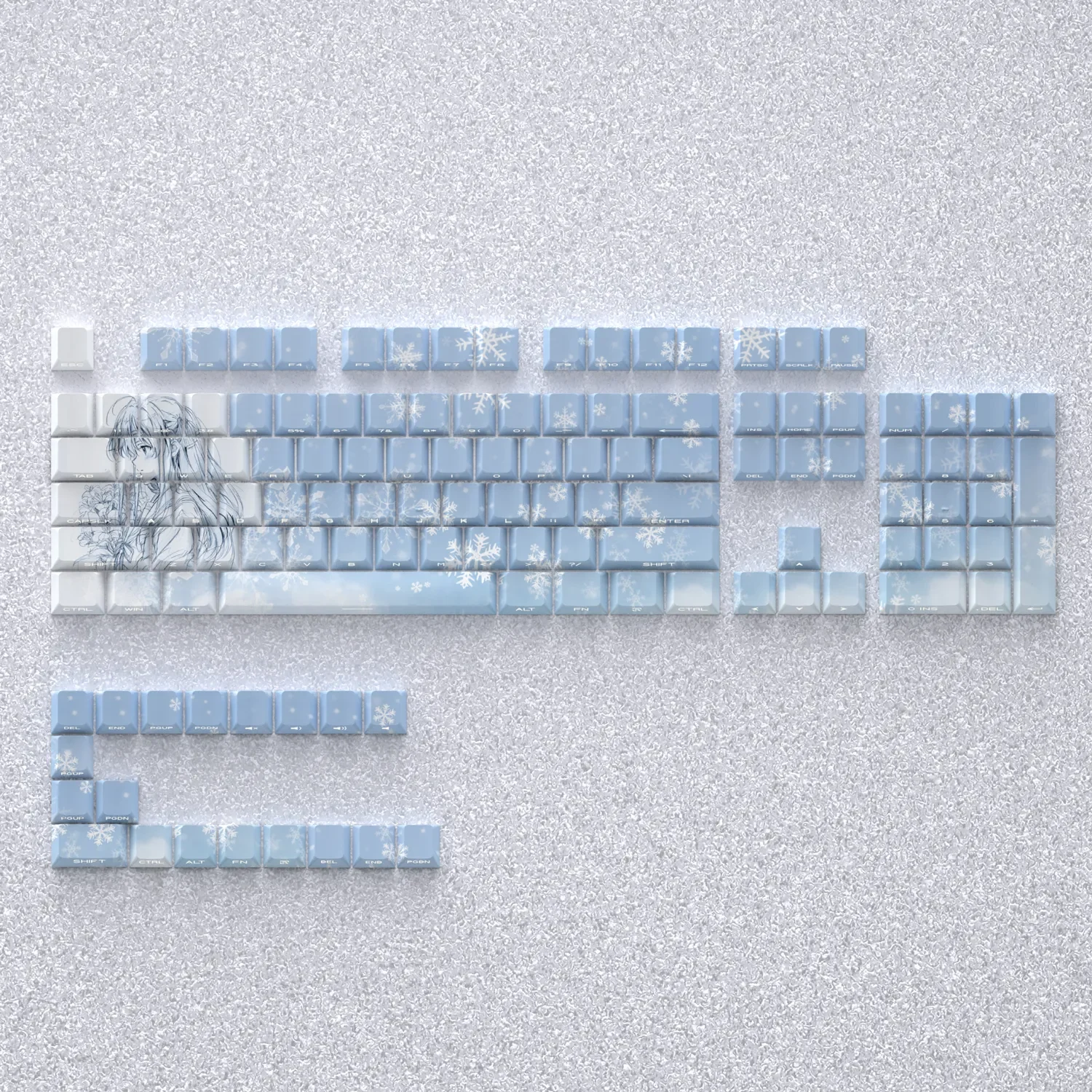 Elegant Yukino Keycaps set for mechanical keyboards, featuring subtle side-engraved legends and vibrant backlighting, ideal for a minimalist design.