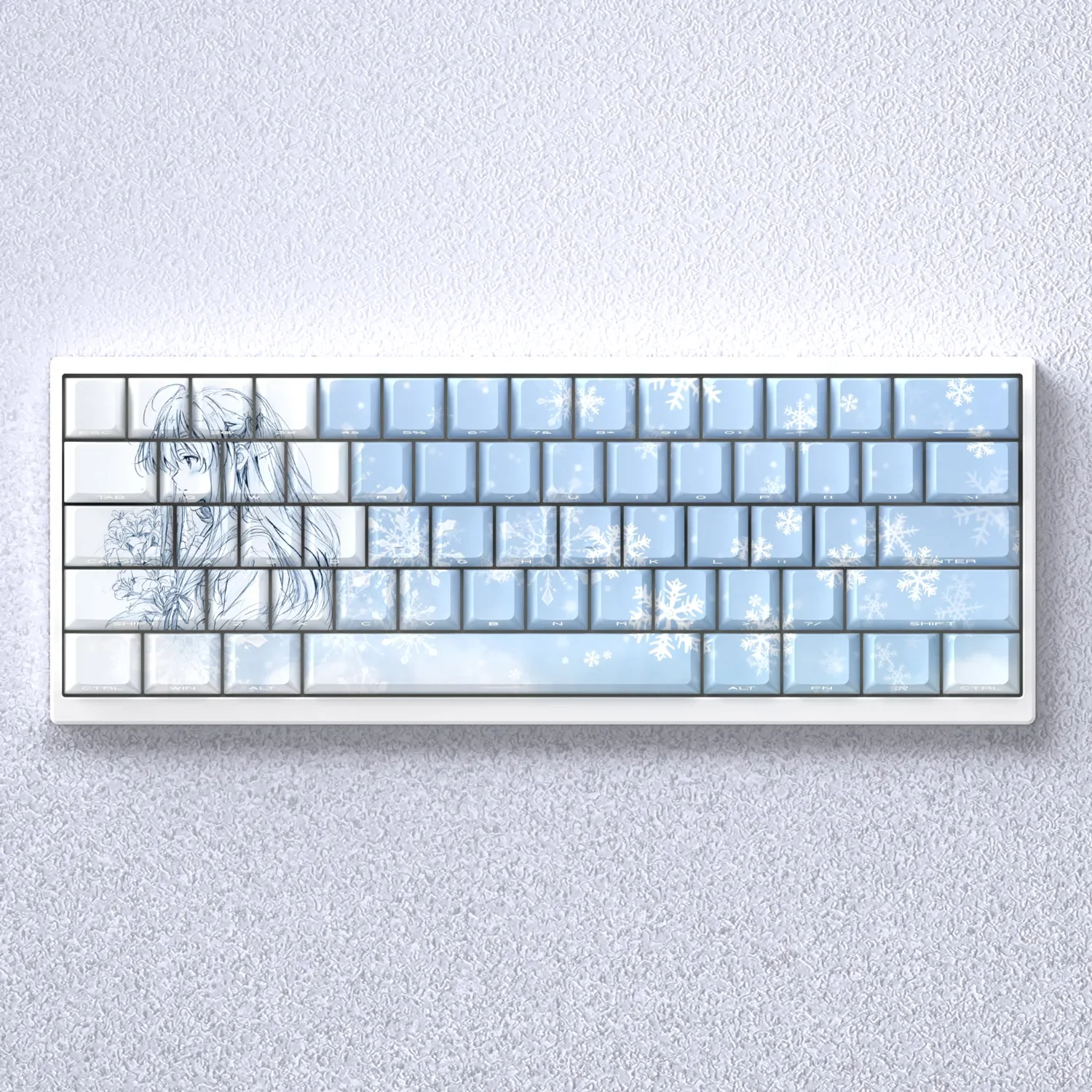 Main image: Elegant Yukino Keycap set, side-engraved and backlit for mechanical keyboards, featuring a clean, minimalist design with RGB glow.