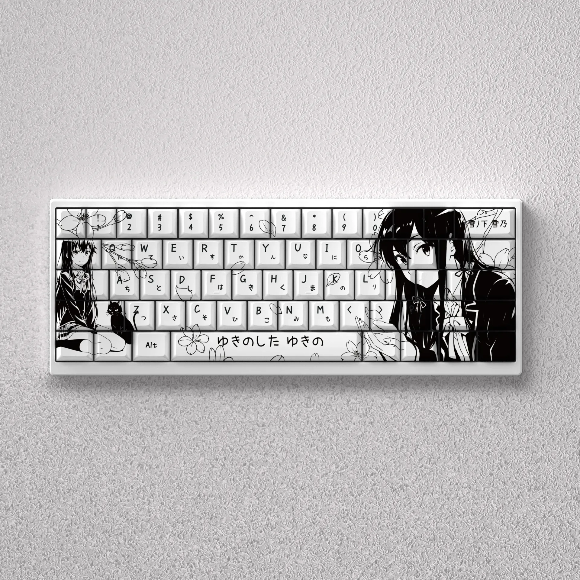 Exclusive Yukino Yukinoshita Keycaps set, beautifully showcasing detailed monochrome art of Yukino Yukinoshita for elegant mechanical keyboard.