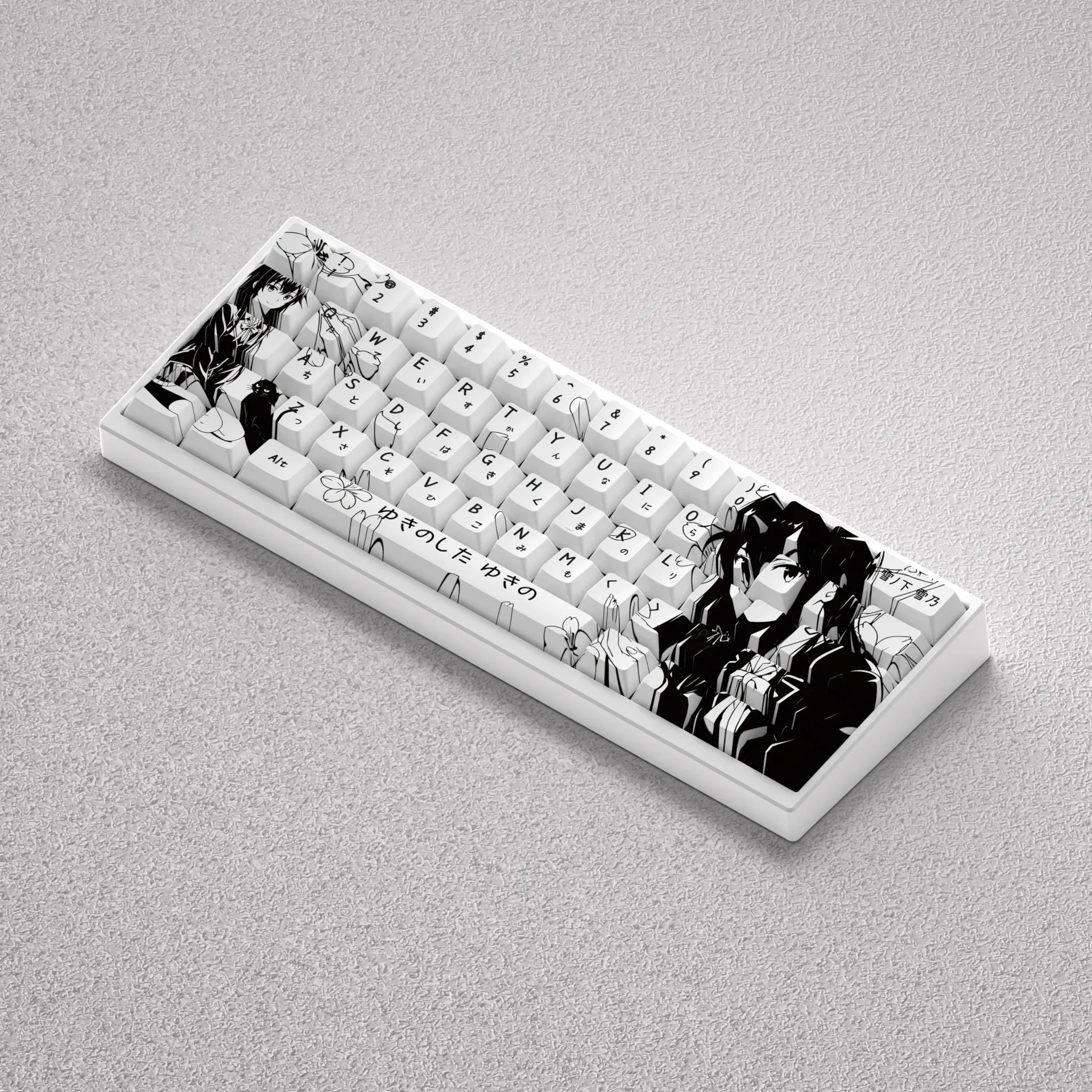 Detailed gallery view of the exclusive Yukino Line Art PBT keycaps set, featuring elegant monochrome anime illustrations for mechanical keyboard.