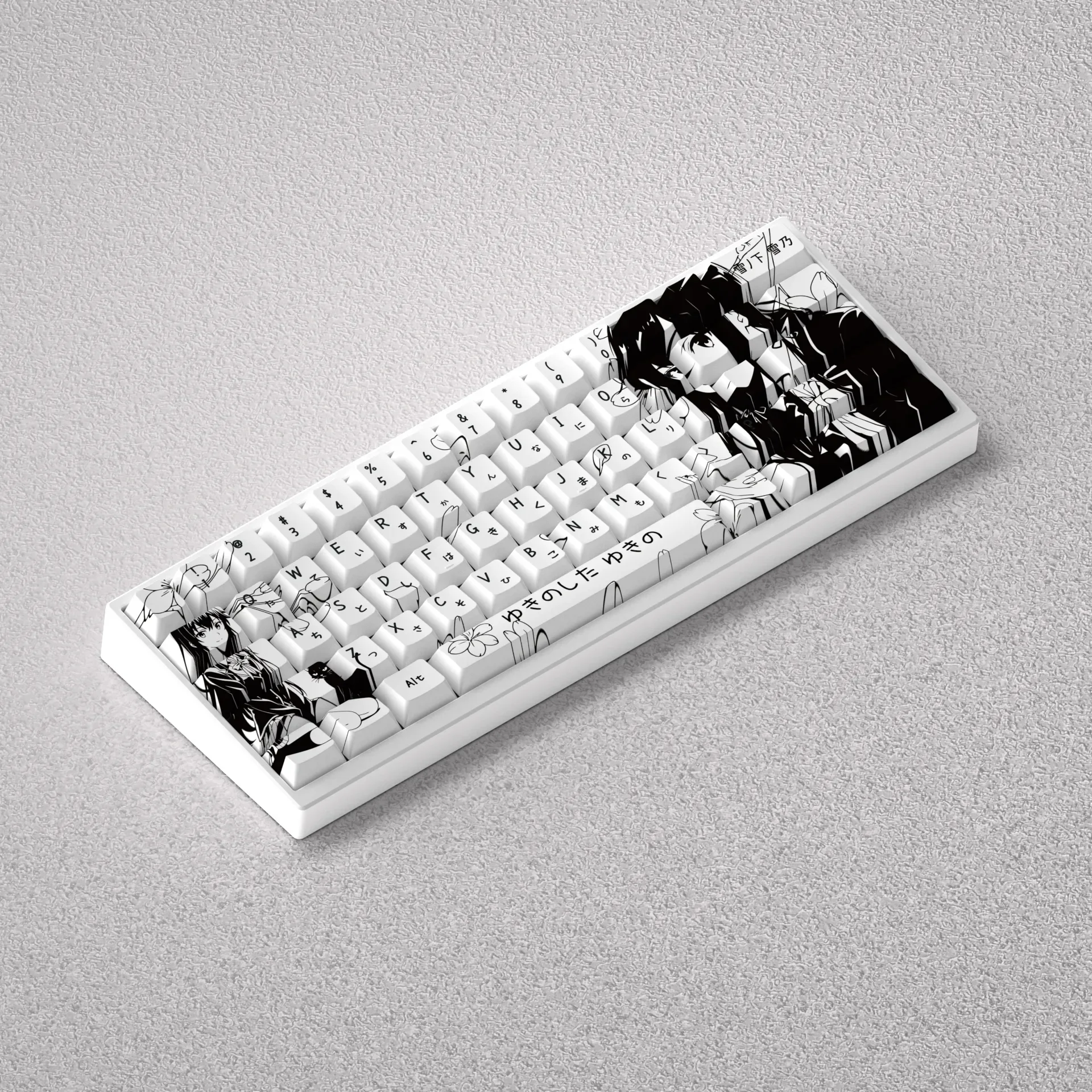 Gallery showcasing Exclusive Yukino Line Art PBT Keycaps set from various angles, revealing the elegant monochrome detail of the anime design.