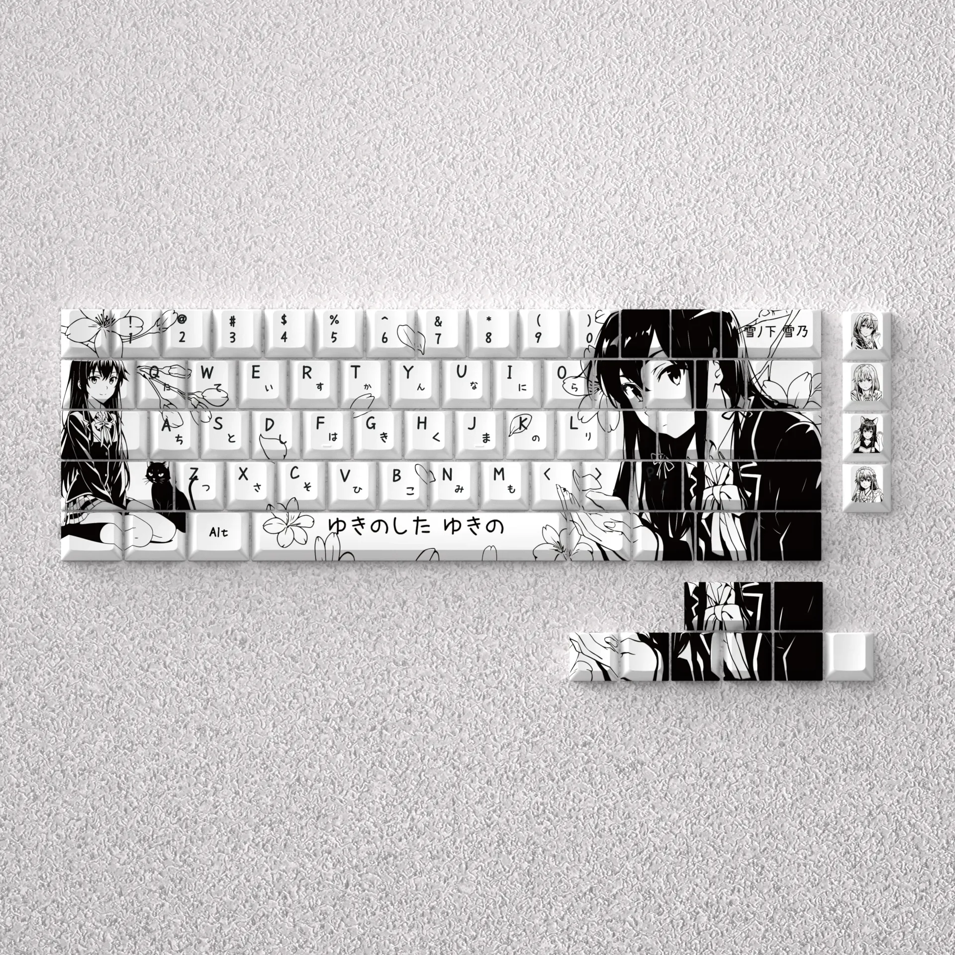 Elegant Yukino PBT keycaps set featuring exclusive detailed monochrome line art. Elevate your mechanical keyboard with these artistic Yukino deisgn.