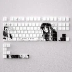 Exclusive Yukino Line Art PBT keycaps set elegantly displayed on a mechanical keyboard, showcasing detailed monochrome anime artwork.