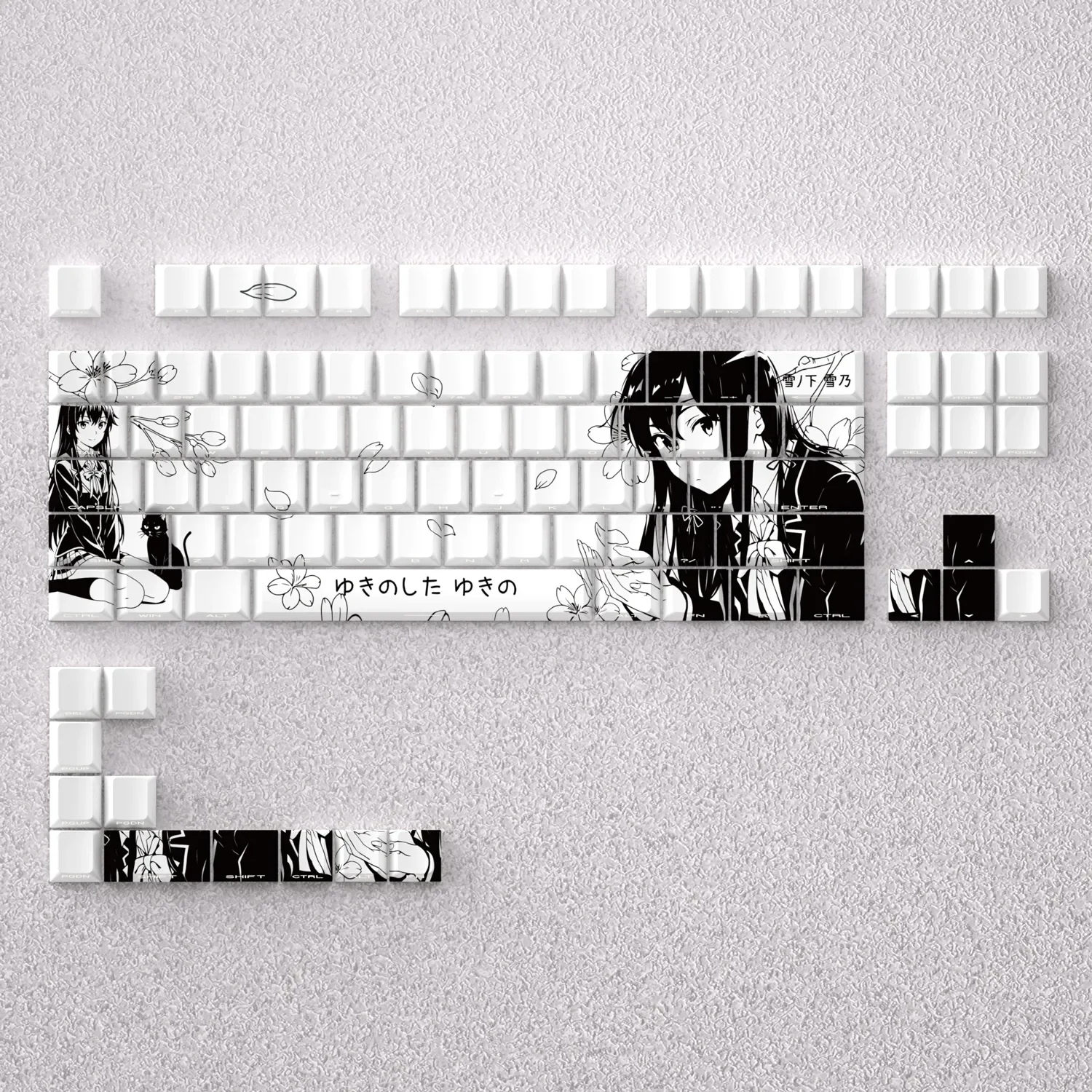 Exclusive Yukino Line Art PBT keycaps set elegantly displayed on a mechanical keyboard, showcasing detailed monochrome anime artwork.