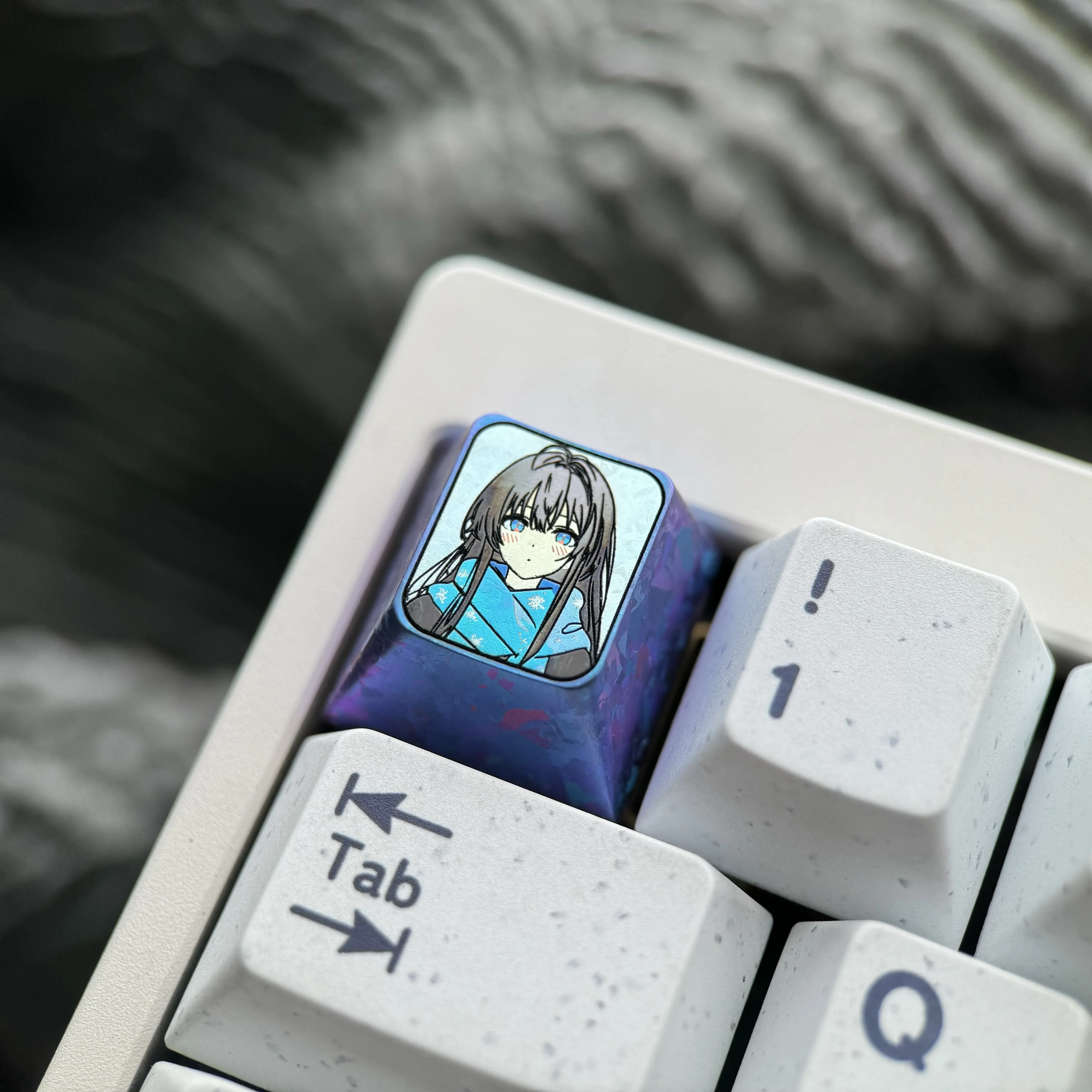 Exclusive Yukino Titanium Anime Keycap showcasing a vibrant, detailed character illustration on polished titanium, perfect custom ESC keyboard art.