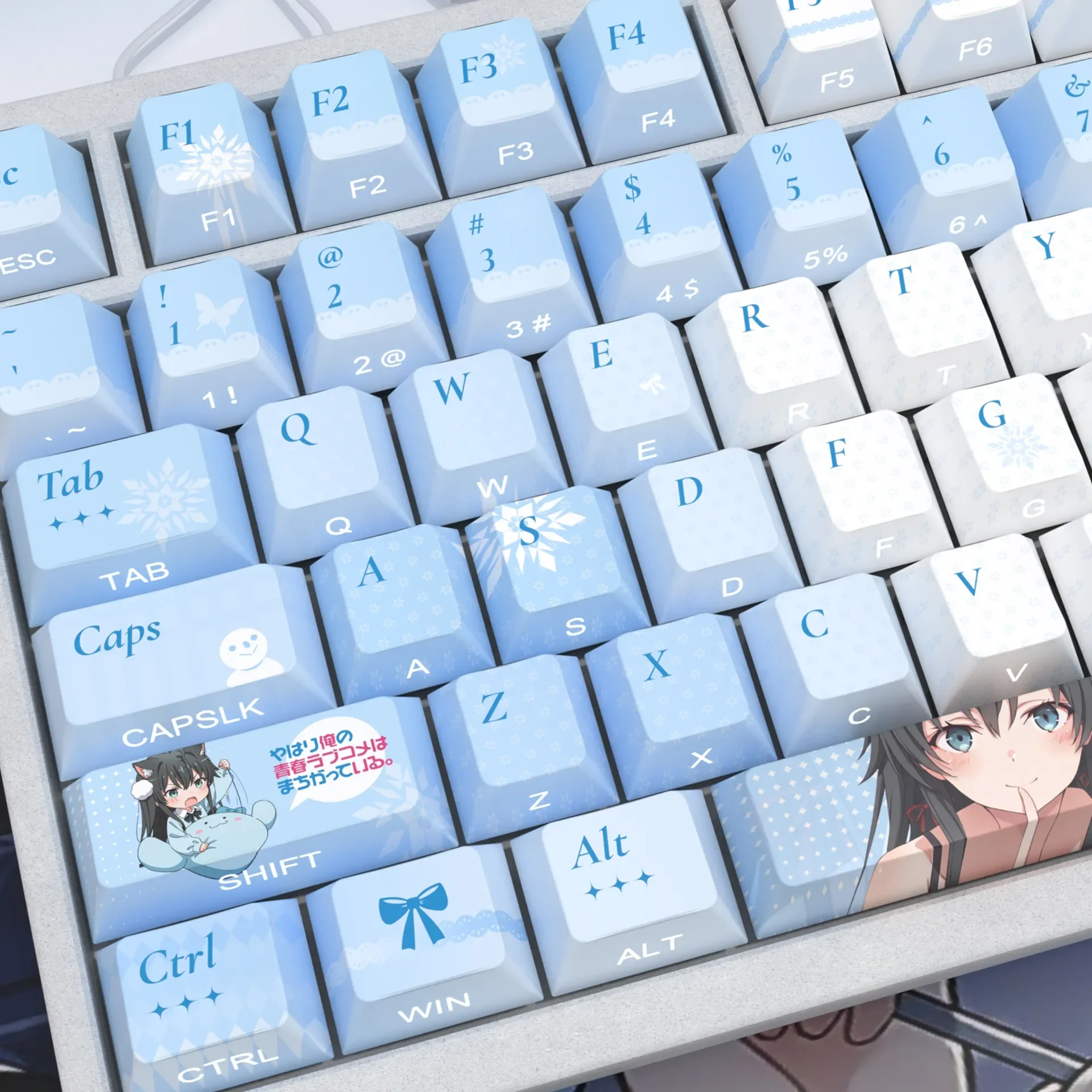 Detailed gallery of premium Yukinoshita Yukino PBT side-printed shine-through anime keycaps set, highlighting elegant design and RGB compatibility.