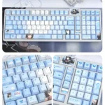 Multiple angles of the exclusive Yukinoshita Yukino PBT side-printed shine-through keycaps set, detailing crisp legends and stunning anime artwork.