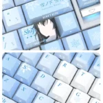 Premium Yukinoshita Yukino PBT keycaps set from various angles, showcasing elegant side-printed anime legends and brilliant shine-through RGB lighting.
