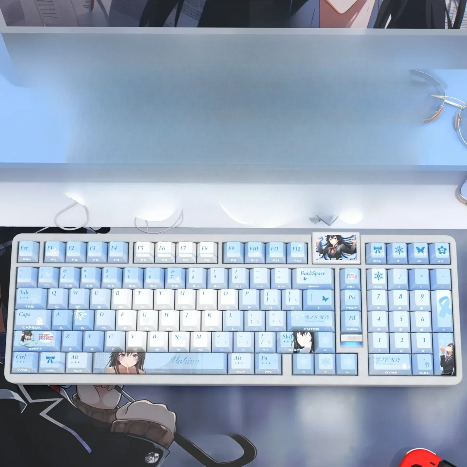 Premium Yukinoshita Yukino Keycaps Set showcasing exclusive anime-themed PBT side-printed legends and stunning shine-through for RGB backlighting.