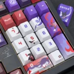 Exclusive Acheron Keycaps set for Honkai Star Rail, meticulously crafted with dark elegance and sci-fi mystique, captured from a dynamic side angle.